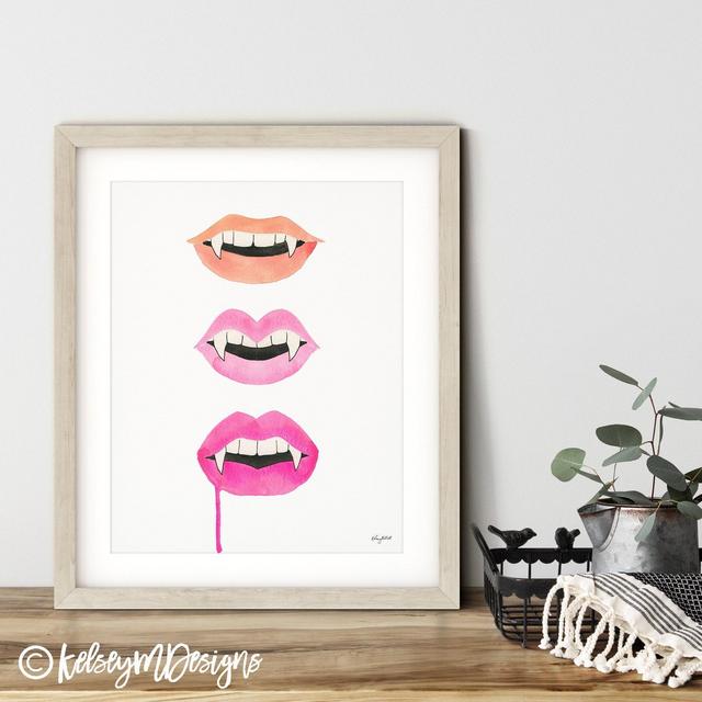 Pink Vampire Lips Wall Art, Halloween Art Print, Watercolor Painting, Fall Wall Art, Halloween Decor, Vampire Wall Decor, Pink Halloween