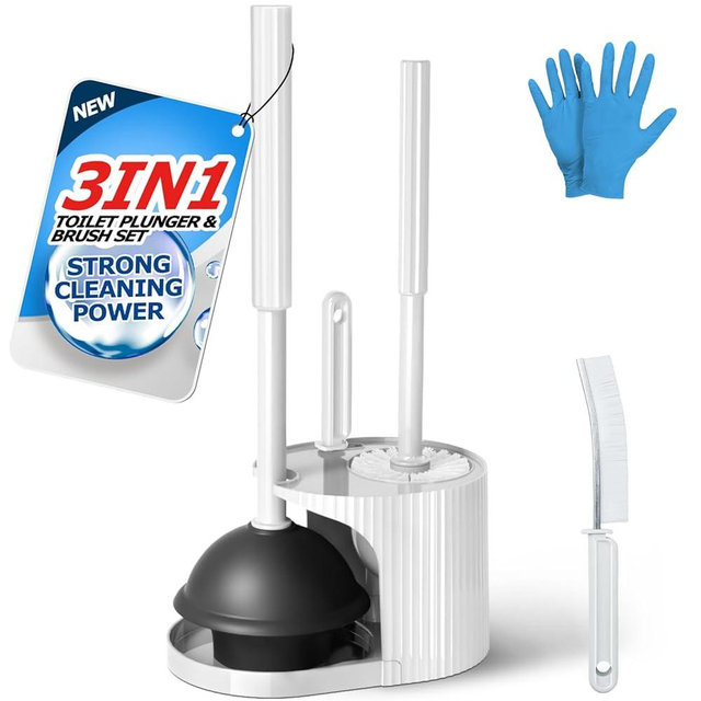 FORASTO 3 in 1 Toilet Brush and Plunger Set,Toilet Bowl Brush Plunger Set,Toilet Brush Plunger Combo,Cleaning Brush,Cleaning Supplies, Crevice Cleaning Brush, Bathroom Cleaning Tools, White