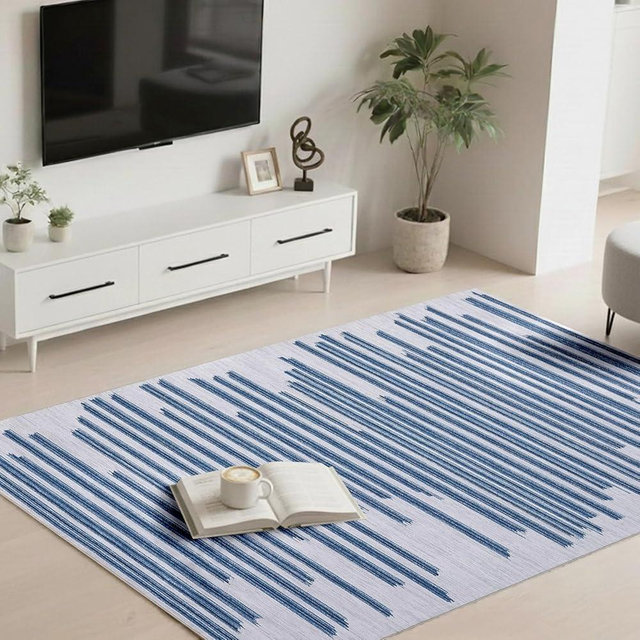 GarveeHome Blue 5x7 Washable Area Rug for Living Room: Modern Striped Washable Living Room Area Rug Striped Modern Non Slip Low Pile Carpet for Bedroom Soft Stain-Resistant Carpet.