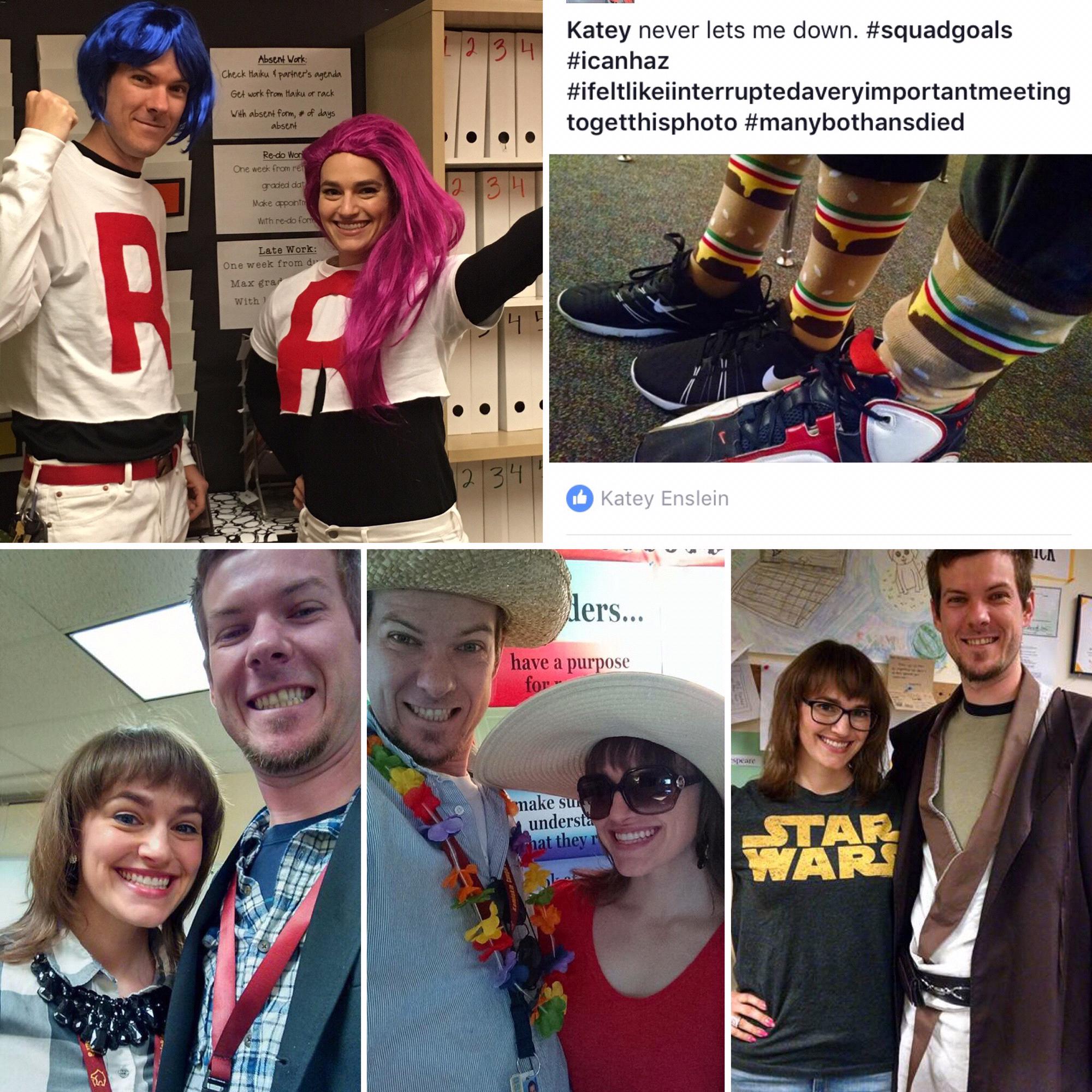 Garth, Kate's coworkers, always dresses up with her for school spirit days