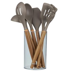 Juvale Kitchen Utensil Set - Gourmet Non-Stick Silicone Cooking Tools with Bamboo Handles - Ladle, Spatulas, Spoons, Pasta Server - Tan/Grey - 7-Piece Set Including Holder