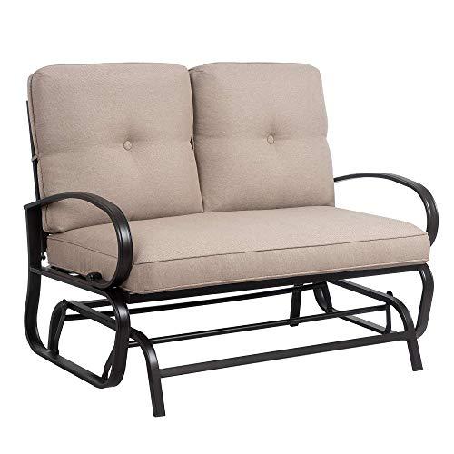 JY QAQA Loveseat Outdoor Patio Glider Rocking Bench,Porch Furniture Glider,Wrought Iron Chair Set with Cushion,Beige