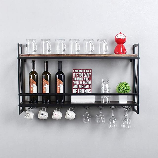 MBQQ Rustic Wall Mounted Wine Racks with 8 Stem Glass Holder,36in Industrial Metal Hanging Wine Rack,2-Tiers Wood Shelf Floating Shelves,Home Room Living Room Kitchen Decor Display Rack,Retro Black