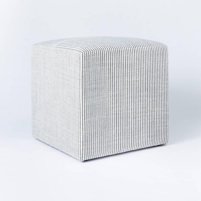 Lynwood Square Upholstered Cube Ticking Stripe Navy - Threshold™ designed with Studio McGee