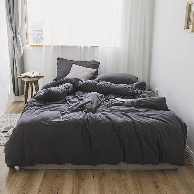 Solid Grey Duvet Cover Jersey Knit Cotton Bedding Set Queen Charcoal Grey Solid Comforter Cover Super Soft T-Shirt Cotton Quilt Cover Set 1 Duvet Cover with 2 Pillowcases Luxury Bedding Set