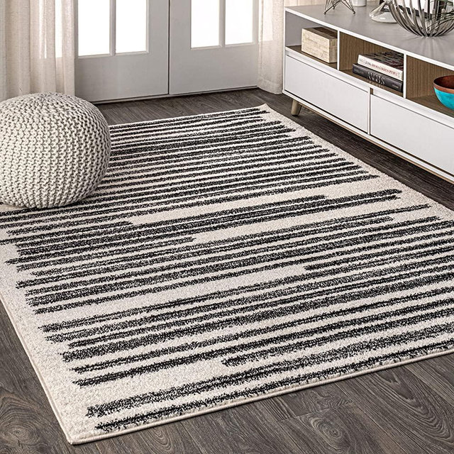 JONATHAN Y MOH207A-5 Khalil Modern Berber Stripe Indoor Farmhouse Area Rug Bohemian Minimalistic Striped Easy Cleaning Bedroom Kitchen Living Room Non Shedding, 5 X 8, Cream,Black