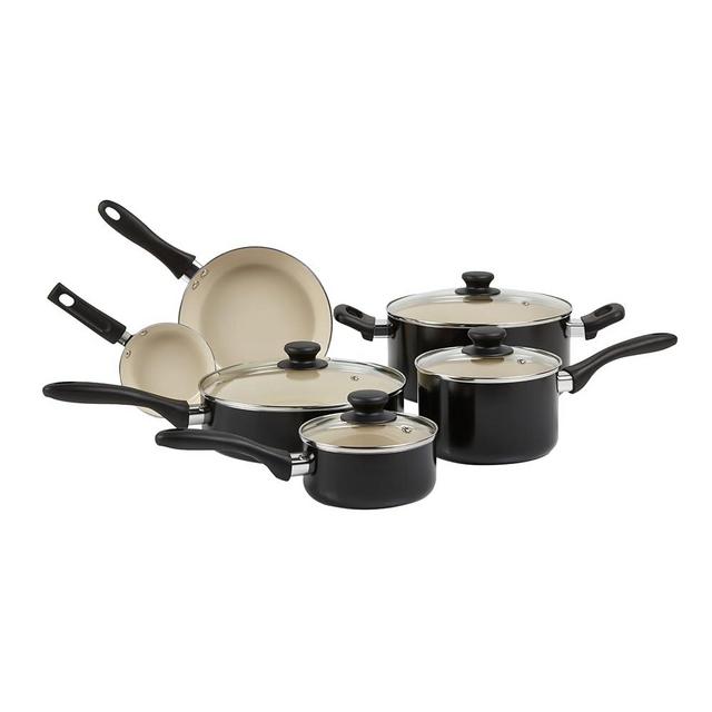 Amazon Basics Ceramic Nonstick Pots and Pans 11 Piece Cookware Set, made without PFOA & PTFE, Black/Cream