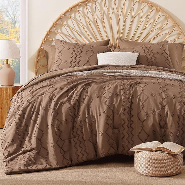 AMBERSPACE Queen Comforter Set Brown, Tufted Geometric Boho Bedding Farmhouse Bed Set, All Season 7 Pieces Bed in a Bag with Sheets, Pillowcases & Shams