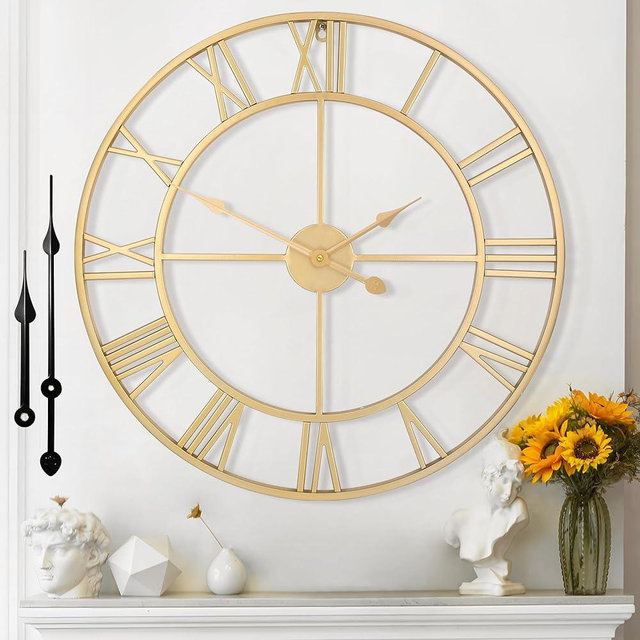 Mee 2ou Large Wall Clock - 40cm/ 16 Inches Silent Non-Ticking, Battery Operated, Gold Vintage Decorative Modern Metal Wall Clocks for Living Room, Bedroom, Office, Farmhouse Decor