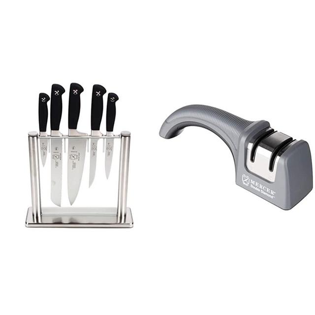 Mercer Culinary Genesis 6-Piece Forged Knife Block Set, Tempered Glass Block & Double Diamond Manual Knife Sharpener