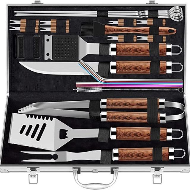 ROMANTICIST 25pcs Extra Thick Stainless Steel Grill Tool Set for Men, Heavy Duty Grilling Accessories Kit for Backyard, BBQ Utensils Gift Set with Spatula,Tongs in Aluminum Case for Birthday Brown