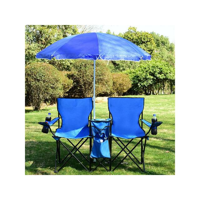 Costway Portable Folding Picnic Double Chair W/Umbrella Table Cooler Beach Camping Chair