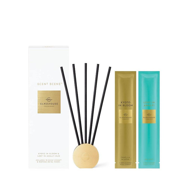 Glasshouse Fragrances Kyoto in Bloom & Lost in Amalfi Scent Scene Duo, Refillable Liquidless Diffuser + 10 Stems, Perfume Scented Home Decor, Camellia & Lotus + Sea Scent