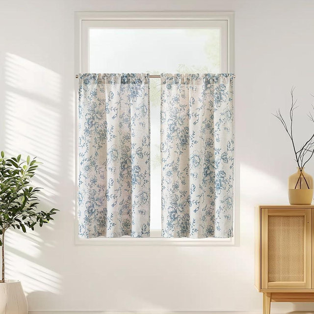 jinchan Floral Linen Tier Curtains 45 Inch Farmhouse Botanic Cafe Drapes for Small Windows Rustic Half Window Curtains for Kitchen Living Room Bathroom Laundry 2 Panels Blue on Beige