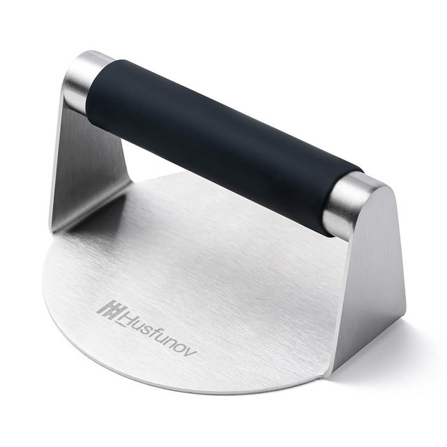 Husfunov Stainless Steel Burger Press, 5.5 Inch Round Smasher,with Anti-Scald Handle,Non-Stick Smooth Hamburger Press,Flat Bottom, for Cooking Burgers, Bacon, Ground Beef, Meats, Sausage and So On