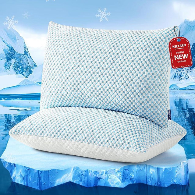 KELTARO Firm Shredded Memory Foam Pillows Queen Size Set of 2 Pack, Adjustable Cooling Bed Pillow for Side Back Sleepers with Washable Removable Cover