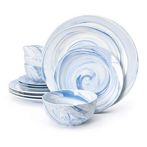 Divitis FUSION Porcelain Dinnerware Set 12 Piece, Blue Round Plates (Soup Bowls, Dinner Plates, Salad Plates), Porcelain Dinnerware Set, Dinnerware Set, Dinner Plates, Plates and Bowls Sets