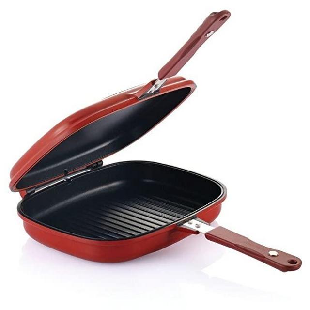 Happycall Double Jumbo Grill Frying Pan (Cookware), 11.8 x 9.8 x 3.1, Red