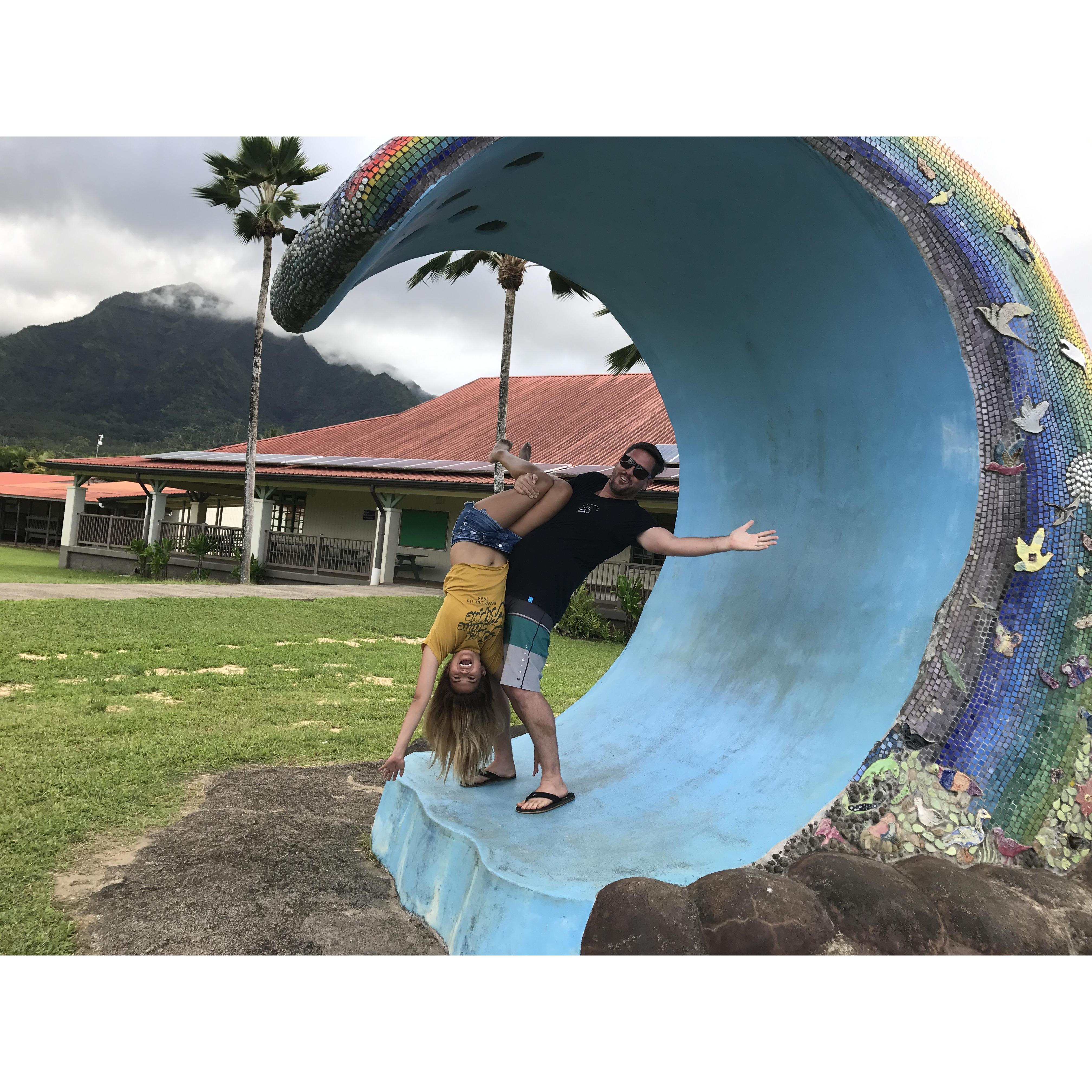 Tandem surfing in Kauai