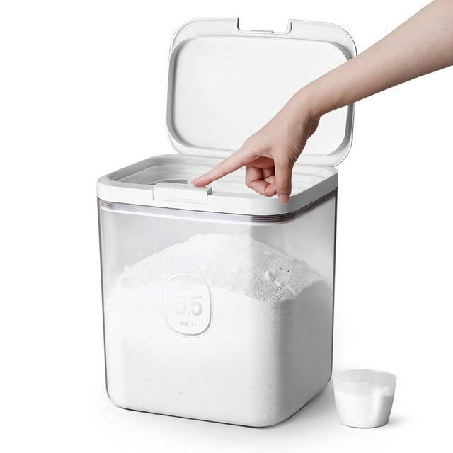 LivLab Mker Laundry detergent dispenser with One-Press Lid,for laundry room organization,Clear PET laundry powder container with Measuring Cup,laundry pods container 5.5L/12Lbs/200oz(270 Pods)