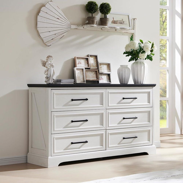 ACCOHOHO Farmhouse 6 Drawer Dresser for Bedroom, 52 Inch Wide Modern Dresser TV Stand with Large Drawers & Bar Handles, Rustic Wood Dresser Chest of Drawers for Bedroom, Living Room, Hallway, White