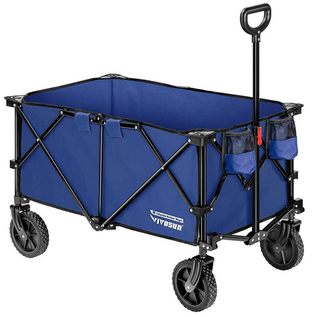 VIVOSUN Heavy Duty Folding Collapsible Wagon Utility Outdoor Camping Cart with Universal Wheels & Adjustable Handle, Blue