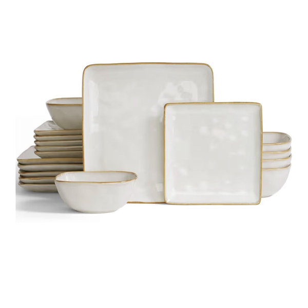 Famiware Ocean Square Plates and Bowls Set, 18 Pieces Dinnerware Sets, Dishes Set for 6, Microwave and Dishwasher Safe, Scratch Resistant, Cappuccino White