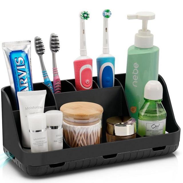GFWARE Black Toothbrush Holder - 7 Slots Bathroom Organizer Countertop with Drainage Matte Black Electric Toothbrush and Toothpaste Holder for Bathroom Accessories Organization Vanity Sink Storage