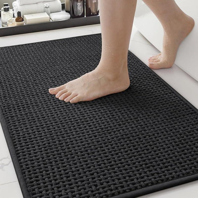 Color&Geometry Chenille Pile Small Bathroom Rugs Upgraded Denser, 16"x24" Non Slip Absorbent Black Bath Mats for Bathroom Thin Fit Under Door, Washable Quick Dry