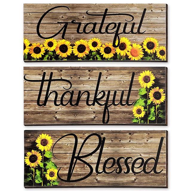 3 Pieces Sunflower Prints Wood Hanging Wall Plaques Grateful Thankful Blessed Wall Art Signs Sunflowers Spring Autumn Positive Sign Wall Art Decor for Bedroom, 10 x 4 x 0.2 Inch (Black Words)