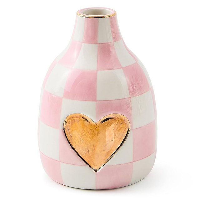 MACKENZIE-CHILDS Ceramic Heart Vase, Unique Flower-Vase Decor, Bud, Pink-and-White Rosy Check