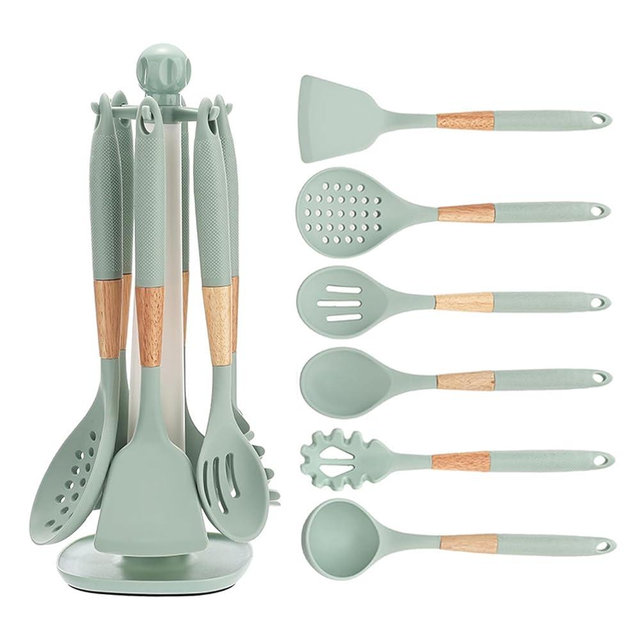FTNESGYM Cooking Kitchen Utensils Set, 7PCS Silicone Cooking Utensil Set with Rotating Holder, Heat Resistant Kitchen Essentials, Kitchen Gadgets for Cookware (Green)