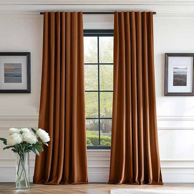 Lazzzy Burnt Orange Velvet Curtains Brown Thermal Insulated 90 Inch Curtain Room Darkening Window Drapes Super Soft Luxury Curtains for Living Room Bedroom Rod Pocket, 2 Panels