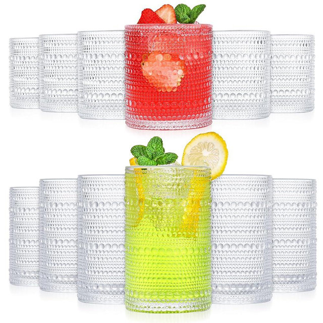 Vintage Hobnail Glasses Drinking Set of 12, 12 oz Highball Glasses & 10 oz Cocktail Glasses, Clear Embossed Water Glasses Cup, Kitchen Bar Glassware Set for Beer, Juice, Cocktail,Whiskey and Milk