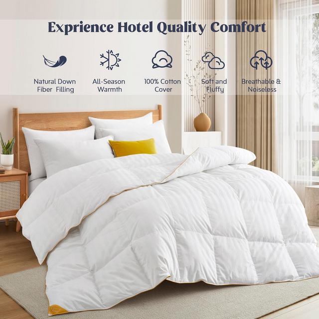 Puredown All Season White Down Comforter with Sewn-through Box Construction, Stripe, Full/Queen