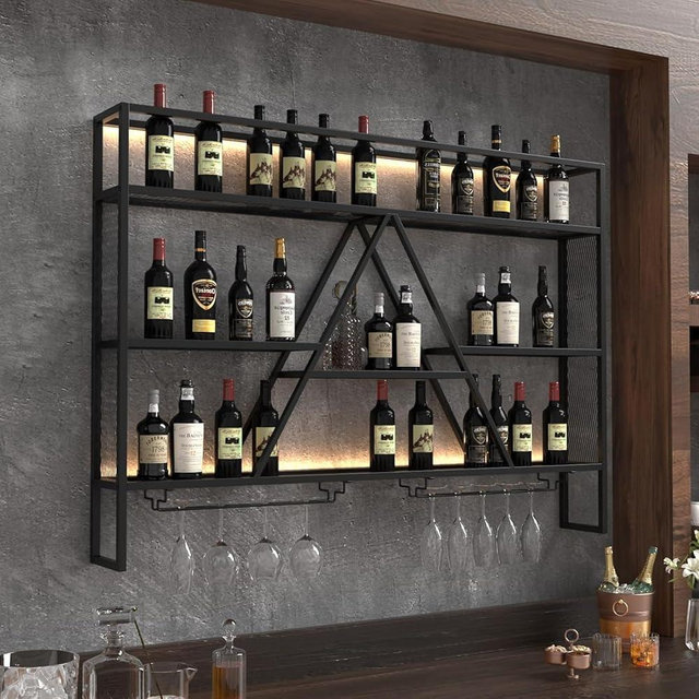 Annzoe Wall Mounted Liquor Shelf with LED Lights, 47" Bar Shelves and Glass Holder – Industrial Metal Bar Shelf Wall Mounted Wine Rack, Wall Bar Shelves for Home Bar, Kitchen or Living Room
