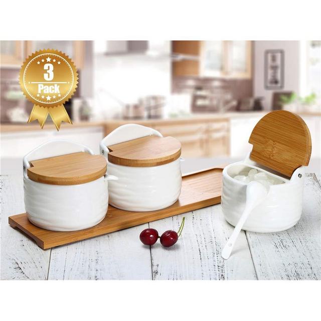 June Sky Sugar and Cream Set,Ceramic Sugar Containers with Lid and Spoon - Porcelain White Salt Boxes, Perfect Gift for Kitchen Home,8.8 fl oz 260ML