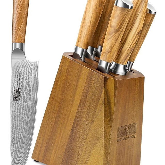HOSHANHO Kitchen Knife Set with Block 7-Piece, Professional 67-layer Damascus Super Steel Kitchen Knife Sets for Cooking, Ultra Sharp Knife Set with Sharpener