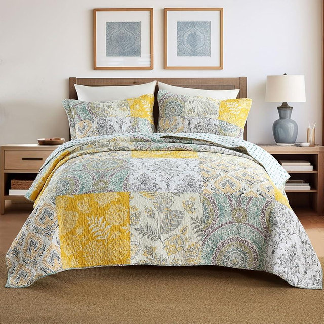 Secgo King Size Comforter Set- 100% Cotton Quilt King Size Set, Green, Sage bedspreads (96 * 108 Inch) with 2 Pillow Shams, Patchwork Reversible Lightweight Bedding