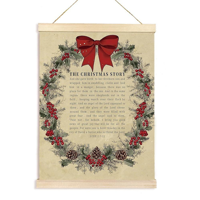 Hiuwevt Vintage Christian Christmas Wall Art, Religious Nativity Bible Verse Scripture Poster Hanger Frame, Xmas Berry Wreath Holiday Wall Art Decor for Home Bedroom Living Room Church, 12x16 Inch