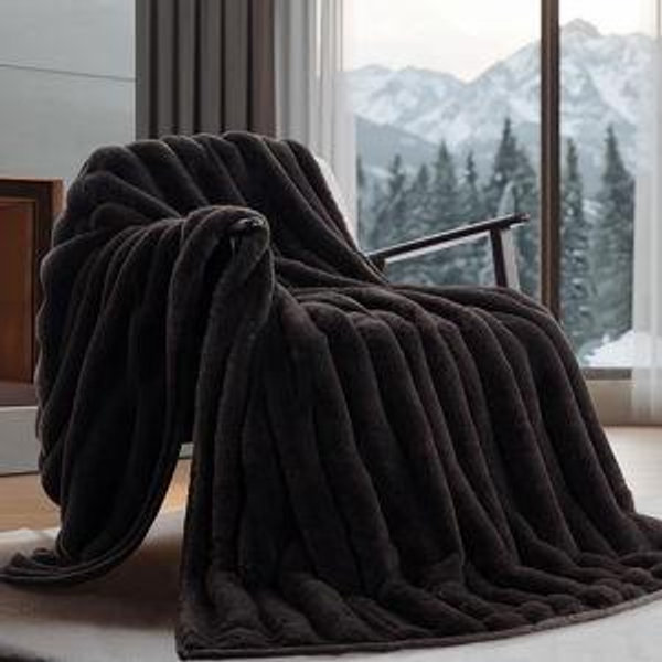 EVERGRACE Soft Luxury Faux Rabbit Fur Throw Blanket for Couch, Cozy Fluffy Channel Throw Blanket for Bed, Fuzzy Warm Thick Mink Blanket with Reversible Velvet for Winter, Chocolate, 60"x80", 820GSM