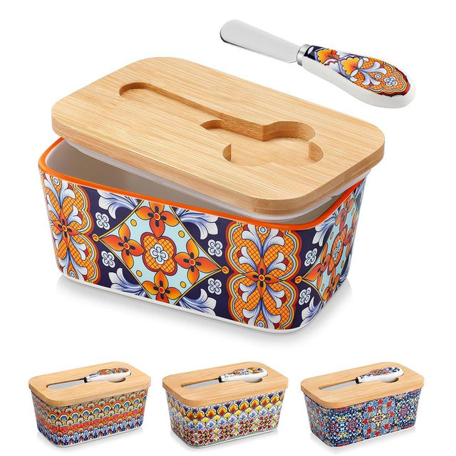 vancasso SIMI Butter Dish with Lid, 6.5" Large Butter Dish for Countertop, Bohemian Ceramic Butter Keeper Container with Knife and Bamboo Lid, Butter Holder for Counter, Amber Elegance