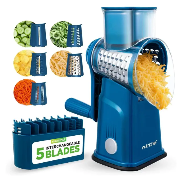 NutriChef Rotary Cheese Grater with Handle & 5 Replaceable Blades - Blue