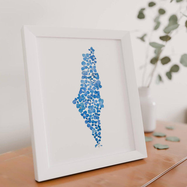 Israel Map Floral Print Pressed Blue Hydrangeas