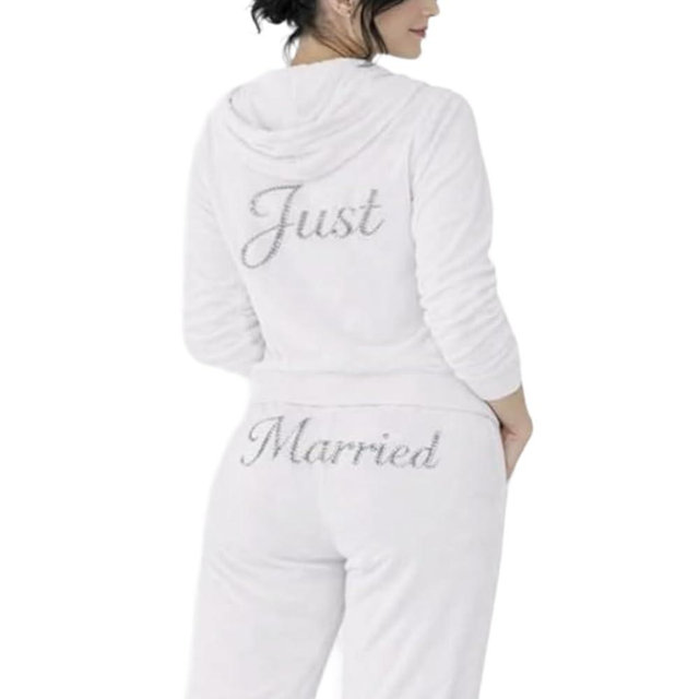 Legacy Avenue Just Married White Velour Tracksuit for Bride Rhinestone Lounge Set Wedding Honeymoon Airport Outfit