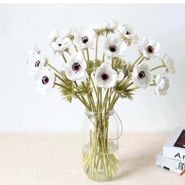 LebriTamFa 5Pcs Artifical Real Touch PU Anemone Flower Bouquet Room Home Decor (White)