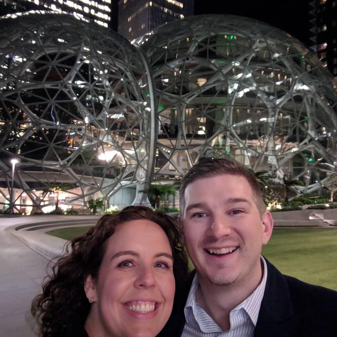Posing with a weird Seattle Amazon thing.