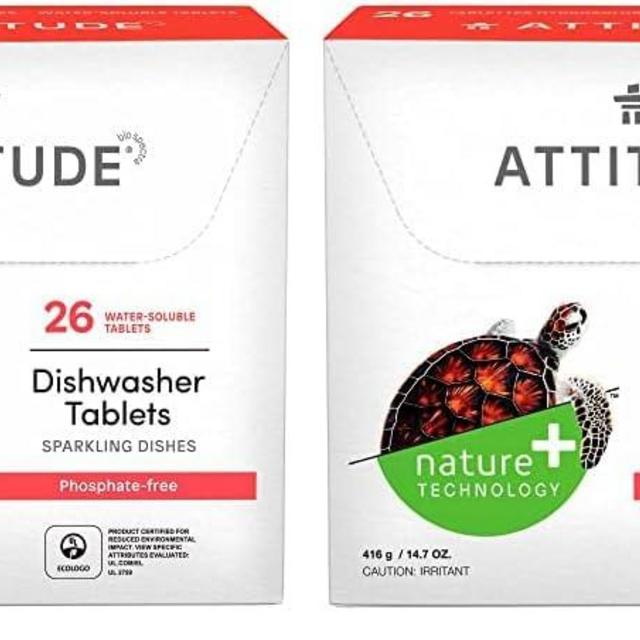 ATTITUDE Dishwasher Tablets, Water-soluble Plant- and Mineral-Based Effective Formula, Phosphate-free, Vegan and Cruelty-free, Unscented, 26 Count (Pack of 2)