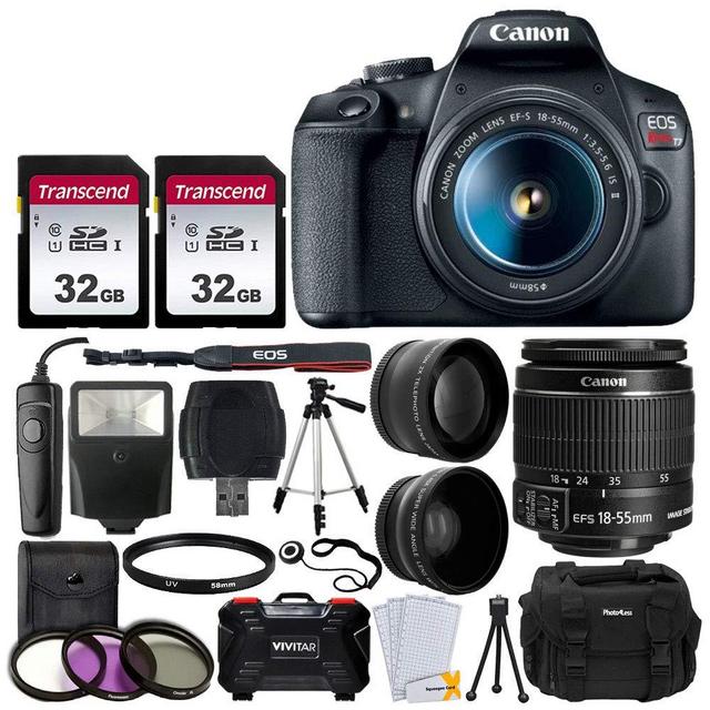 Canon EOS Rebel T7 Digital SLR Camera Bundle + EF-S 18-55mm f 3.5-5.6 is II Lens + 58mm 2X Professional Telephoto & 58mm Wide Angle Lens + 64GB Memory Card + DC59 Case + 60" Tripod + Slave Flash