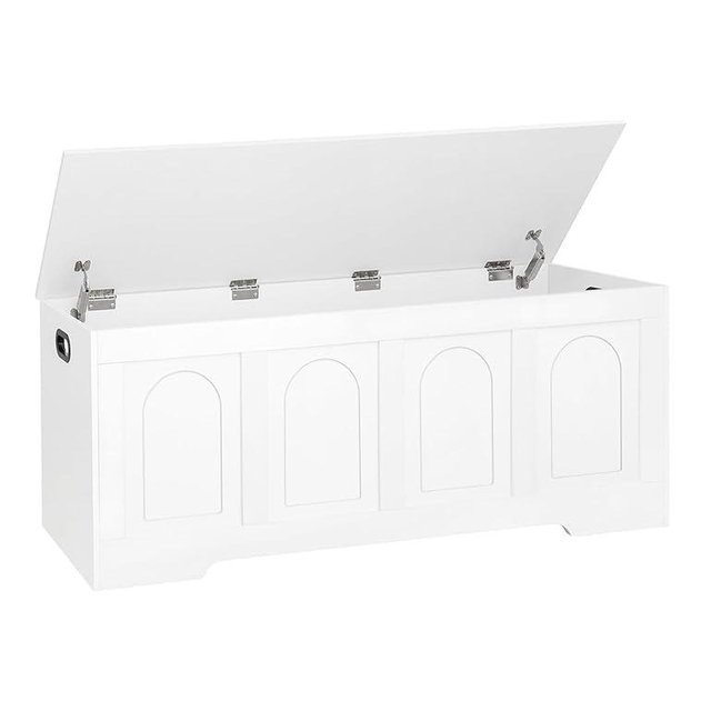DINZI LVJ Storage Chest, 47.2" Rattan-Like Toy Box with 2 Safety Hinges, Wooden Entryway Storage Bench with Flip-Top, Large Trunk for Living Room, Bedroom, Easy Assembly, White